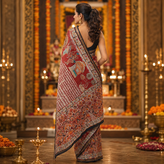 Ehsaas - Darbari Red Scripted Maheshwari Silk