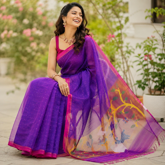 Premium- Blue Muslin Sequence Paithani Pallu