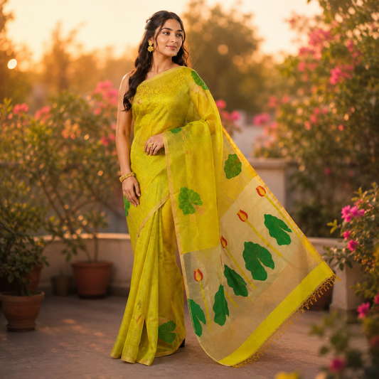 Premium- Green Silk Linen Jamdaani Lotus
