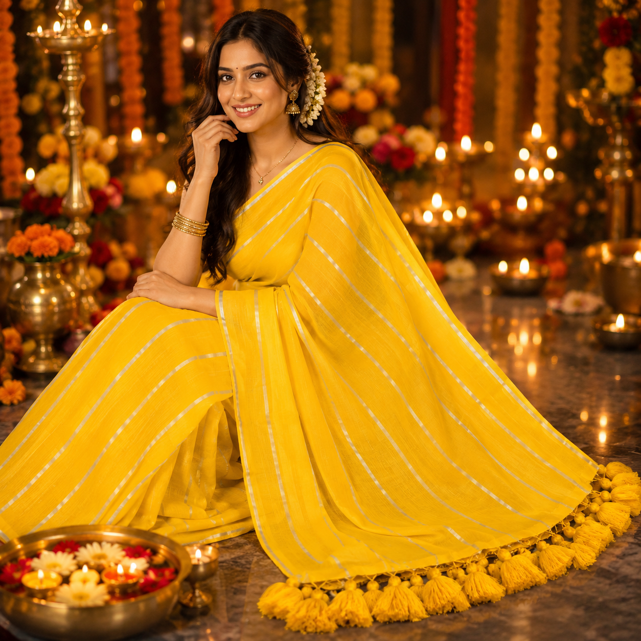 Vayu- Yellow silver zari lining