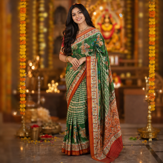 Ehsaas - Darbari Green Scripted Maheshwari Silk