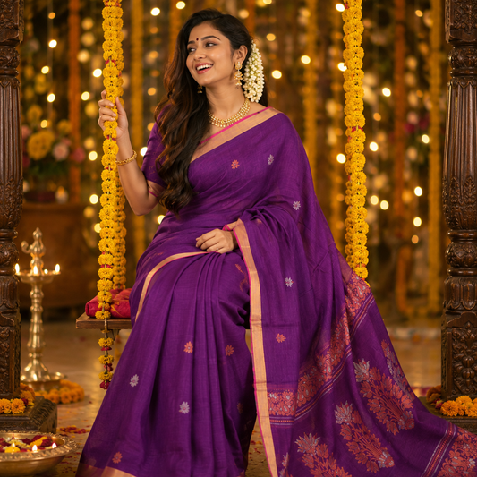 Ehsaas- Linen Purple|Silver & copper Zari Ikkat