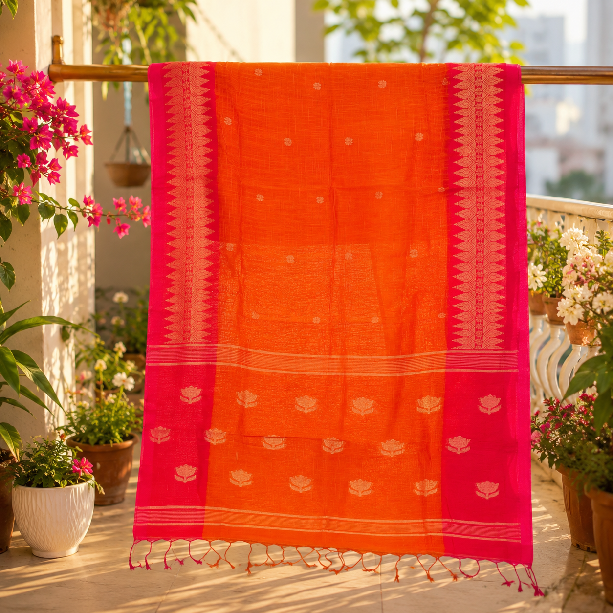 Ehsaas- Linen Orange and Pink Zari
