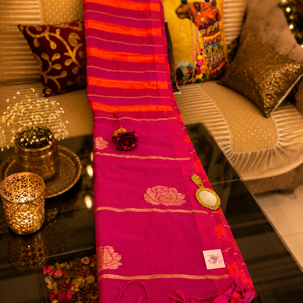 Ehsaas- Orange and pink linen with rose butta in pallu
