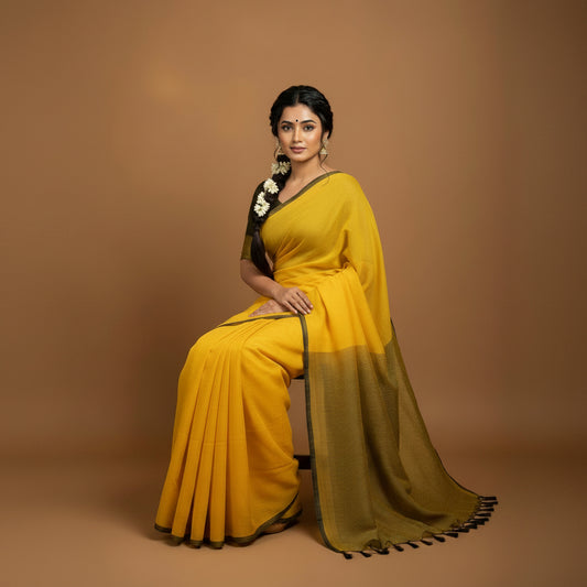 Vayu- Mulmul Plain yellow with Zari Pallu