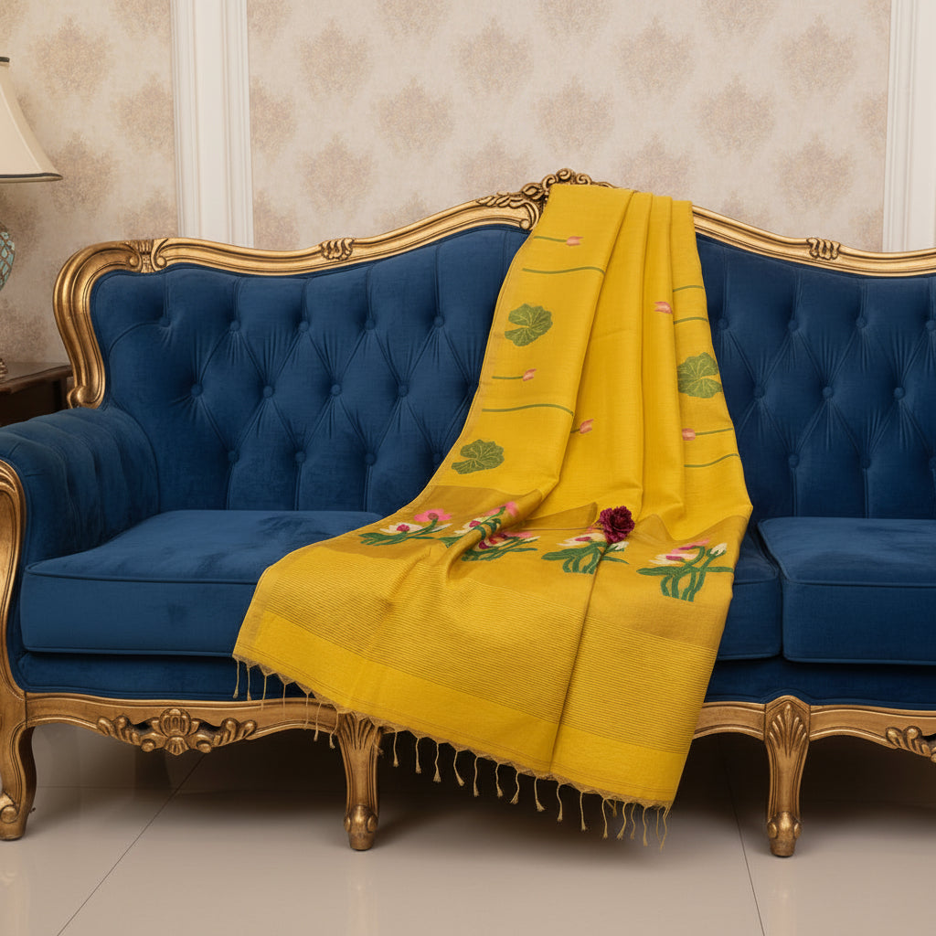 Premium- Yellow Silk Linen Jamdaani Lotus