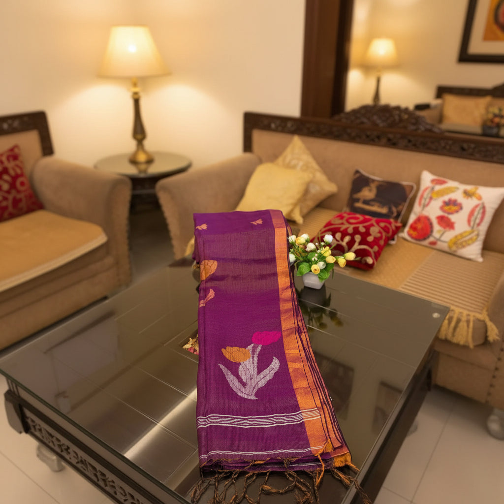 Ehsaas- Purple Linen zari and thread Tulip motiff