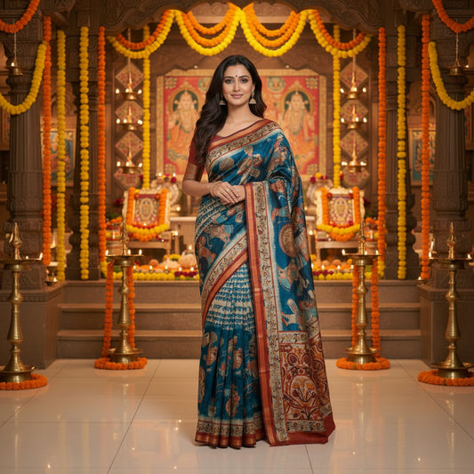Ehsaas - Darbari Blue Scripted Maheshwari Silk