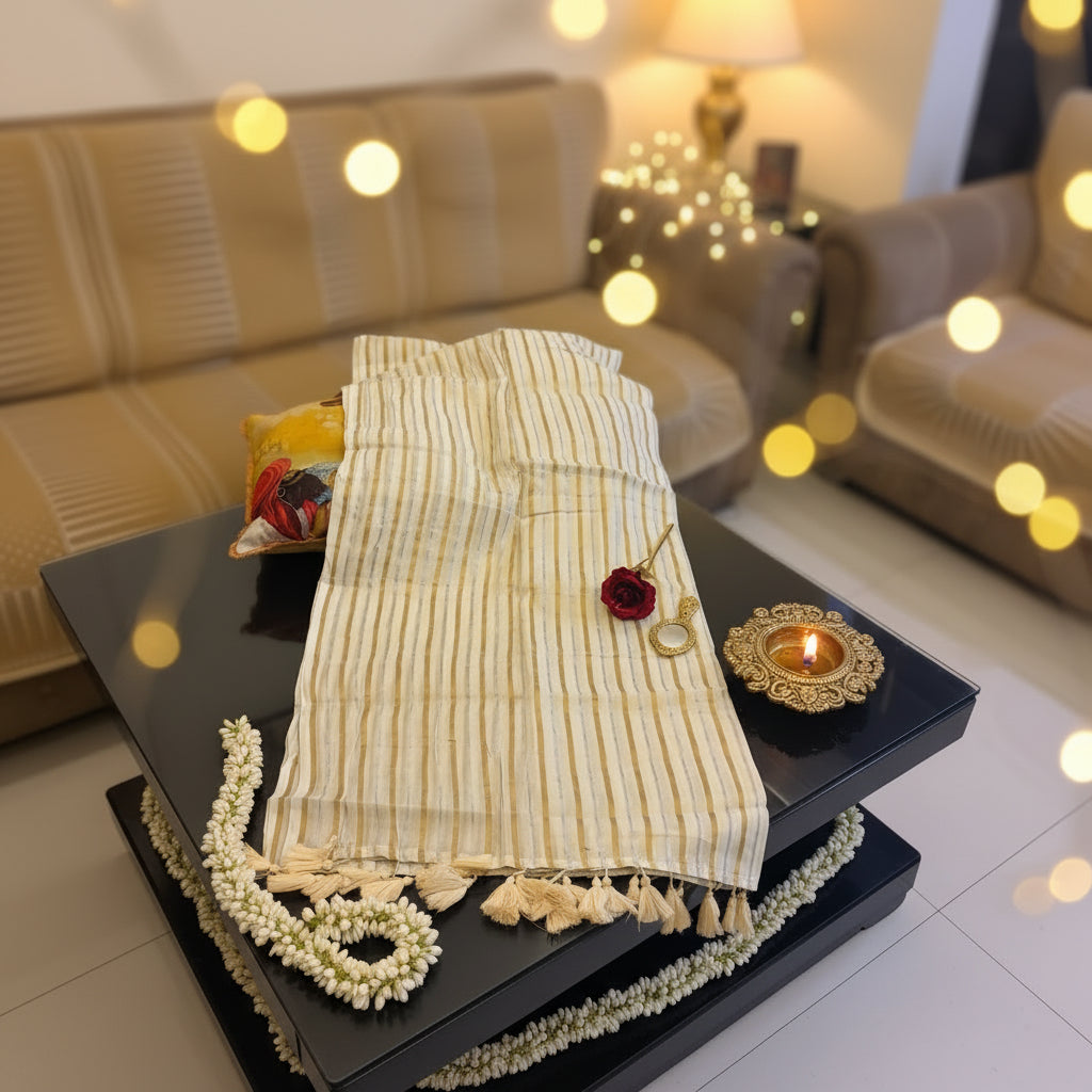 Vayu- Off white gold & silver zari lining