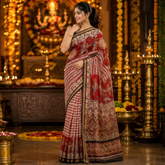 Ehsaas - Darbari Red Scripted Maheshwari Silk