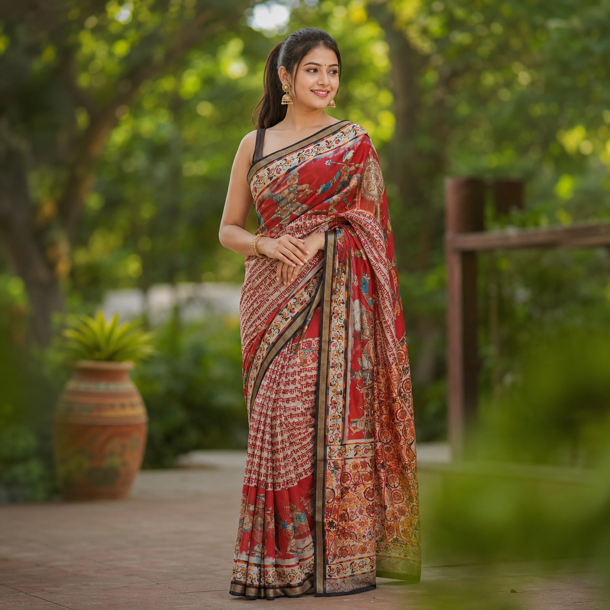 Ehsaas - Darbari Red Scripted Maheshwari Silk