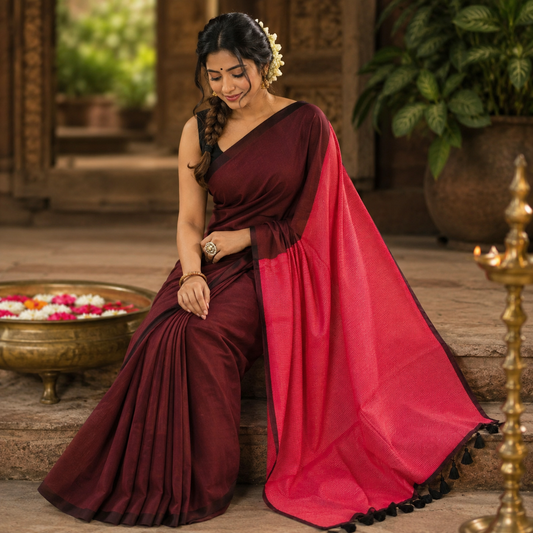 Vayu- Mulmul Plain Red with Zari Pallu
