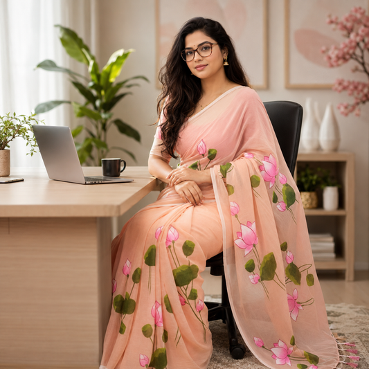 Vayu- Mulmul Peach Lotus Handpaint