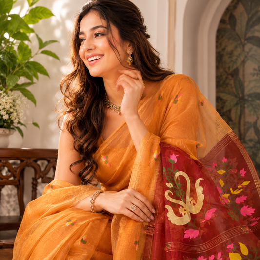 Premium- Rust Orange Silk Linen Jamdaani Swan