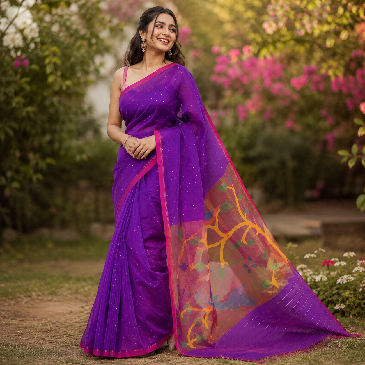 Premium- Blue Muslin Sequence Paithani Pallu