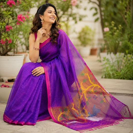 Premium- Blue Muslin Sequence Paithani Pallu