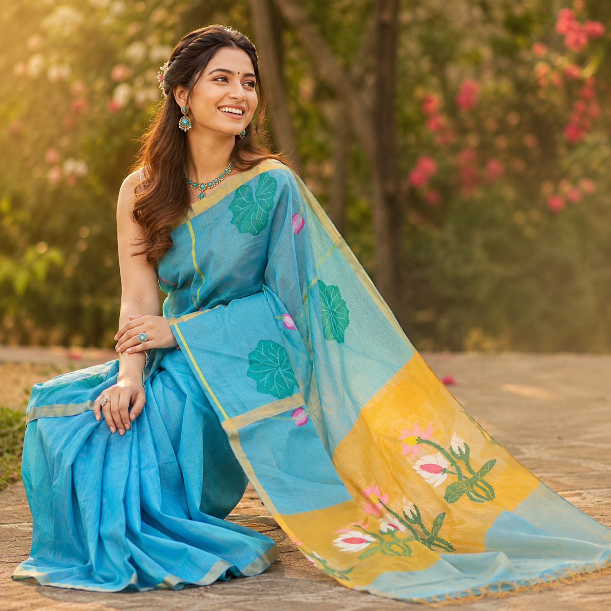 Premium- Blue Silk Linen Jamdaani Lotus