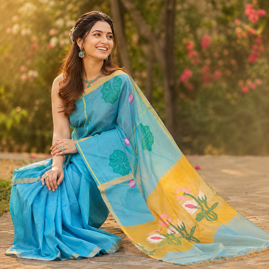 Premium- Blue Silk Linen Jamdaani Lotus
