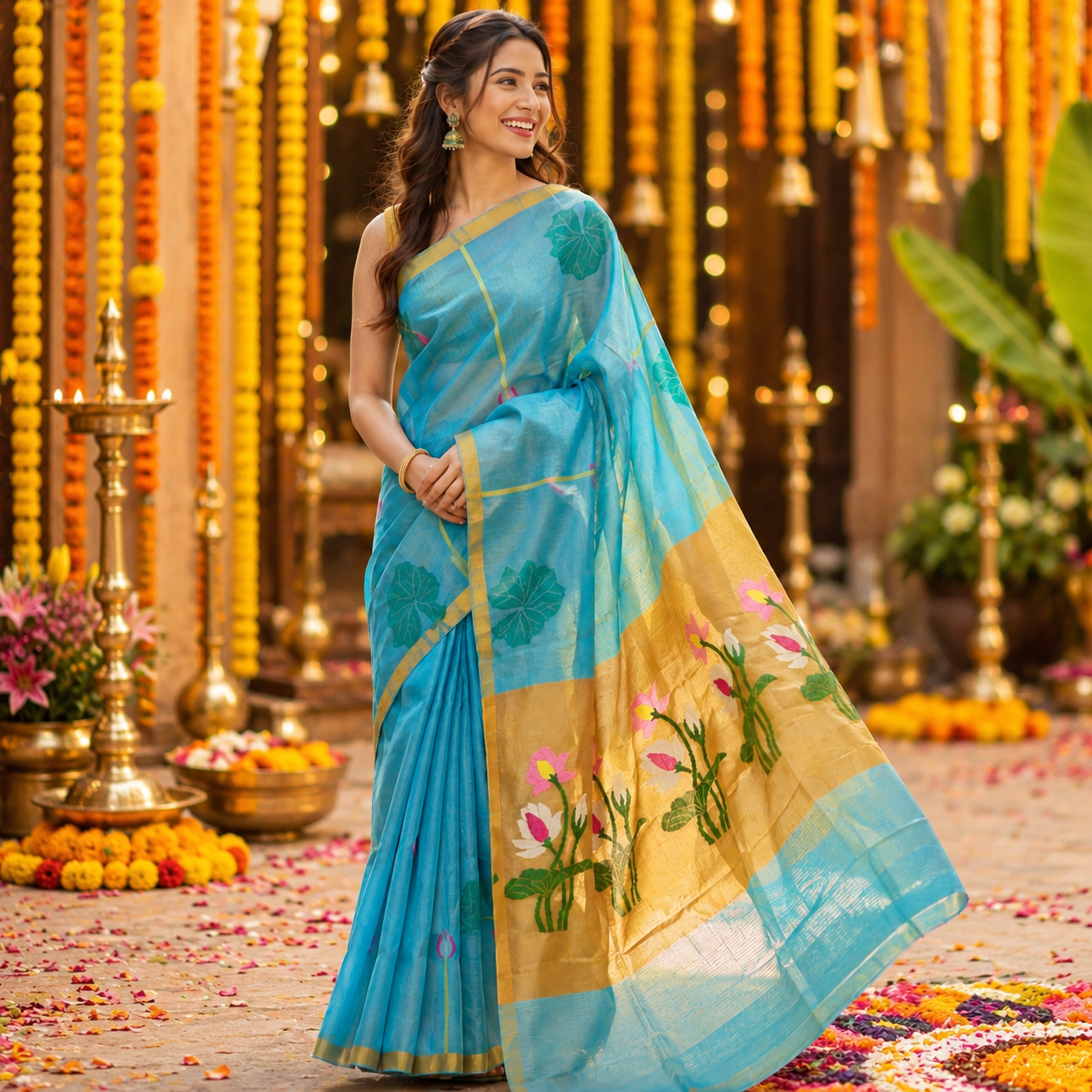 Premium- Blue Silk Linen Jamdaani Lotus