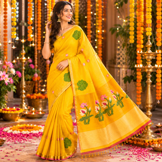 Premium- Yellow Silk Linen Jamdaani Lotus