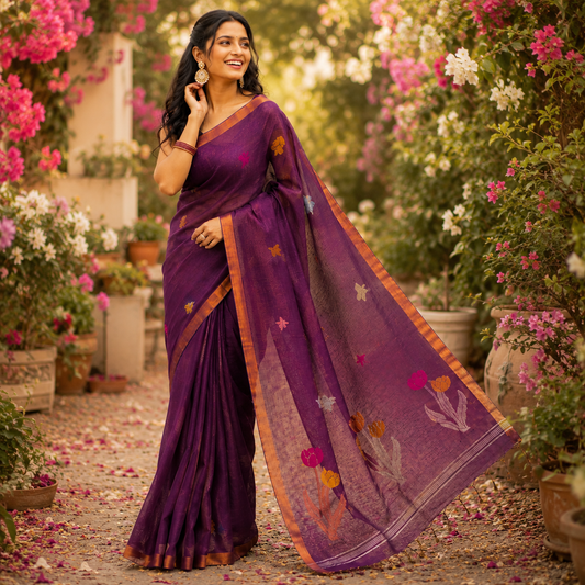 Ehsaas- Purple Linen zari and thread Tulip motiff