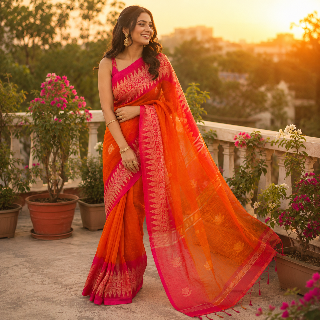 Ehsaas- Linen Orange and Pink Zari