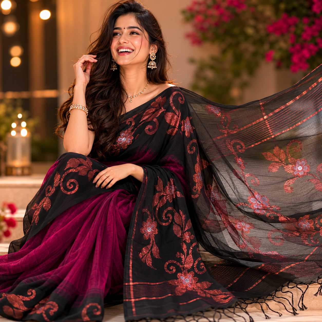 Ehsaas- Purple & Black Linen flowers with copper zari