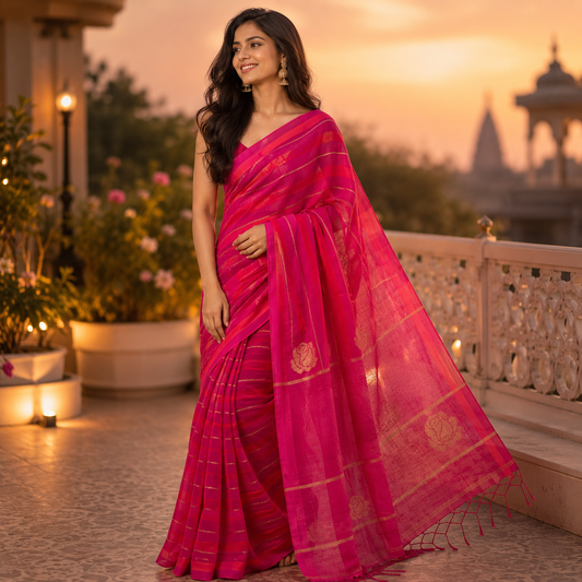 Ehsaas- Orange and pink linen with rose butta in pallu
