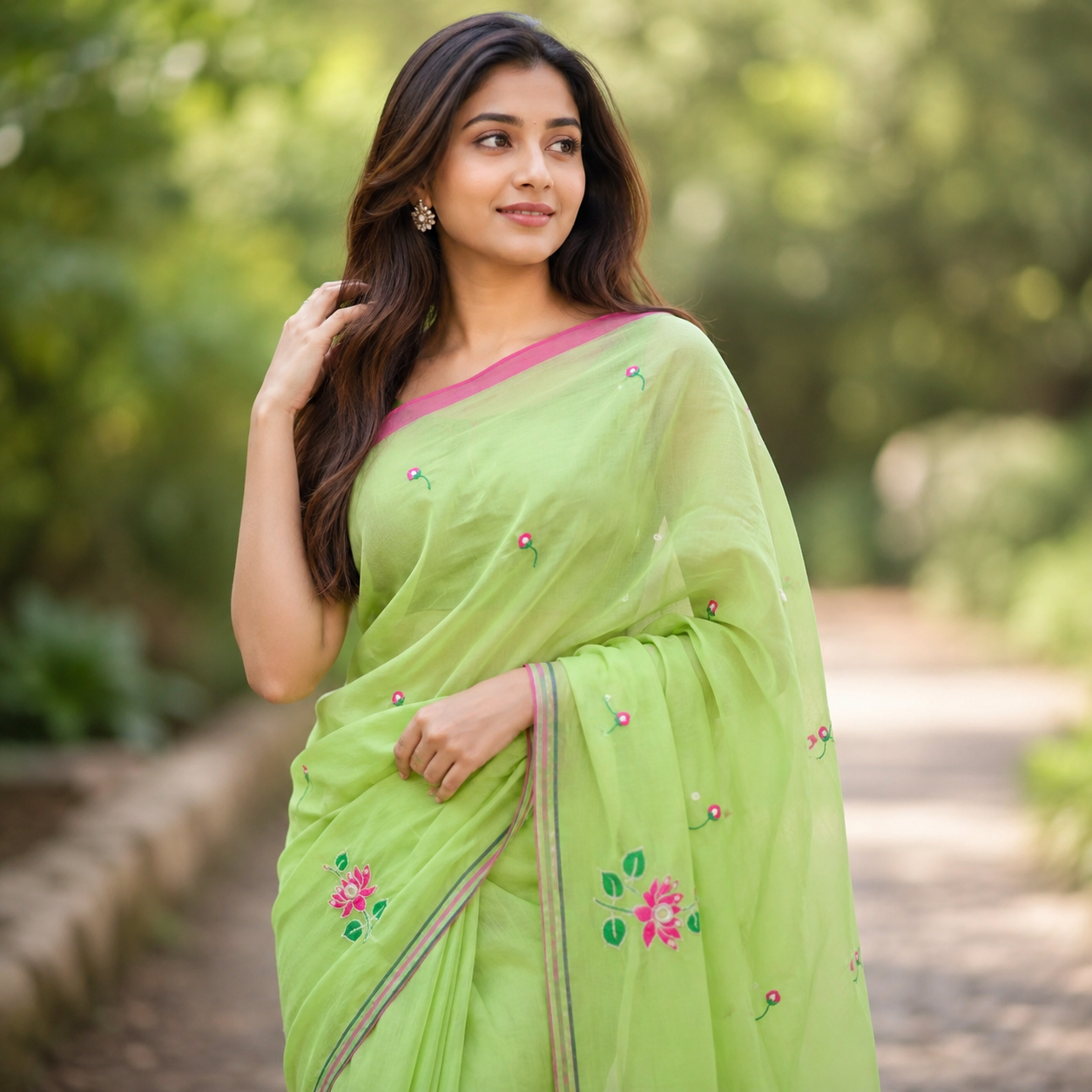 Vayu- Pearl & mirror Pista Green mulmul with Lotus embroidery