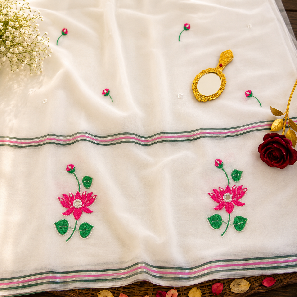 Vayu- Pearl & mirror White mulmul with Lotus embroidery