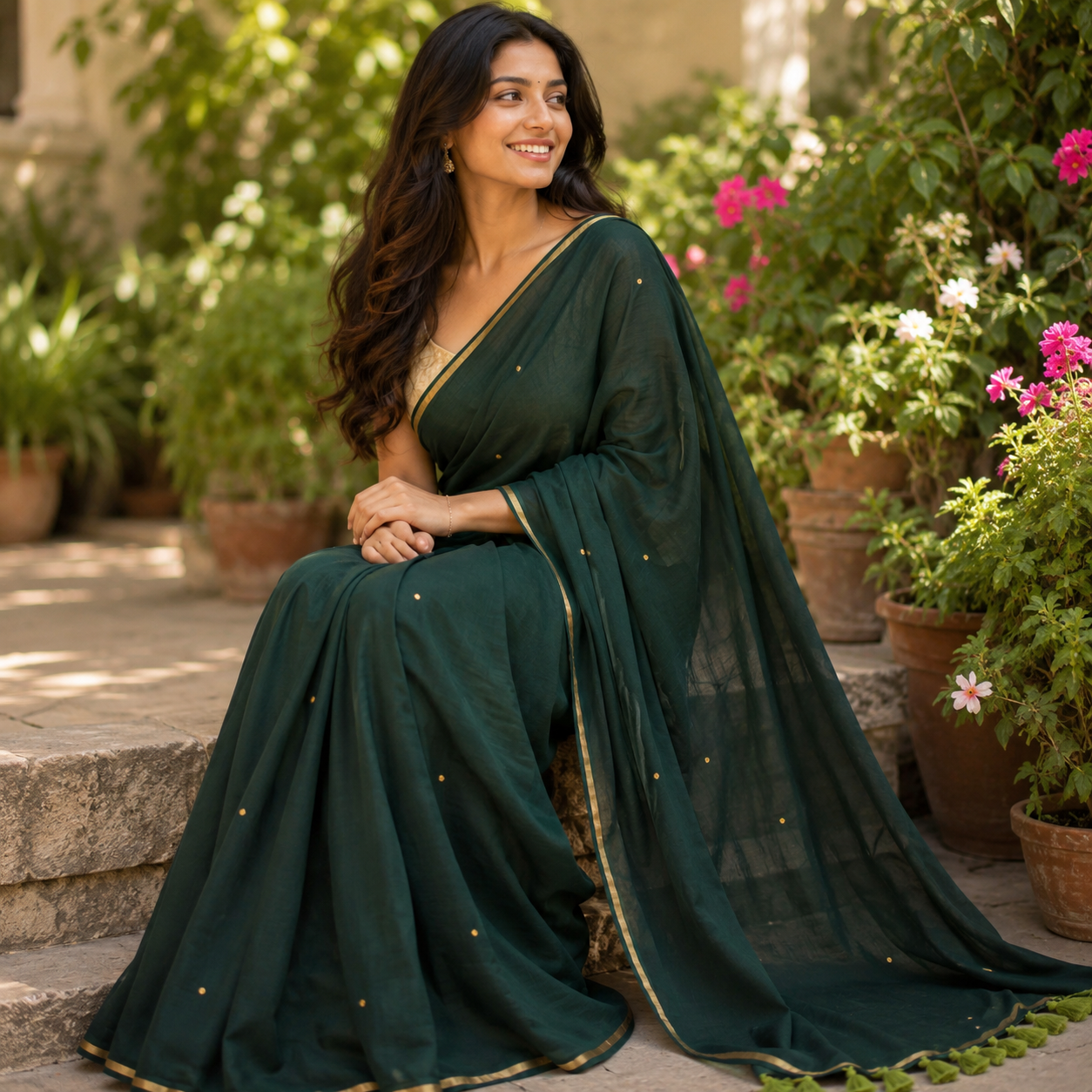 Vayu- Bottle Green Mulmul with small Ginni & zari border