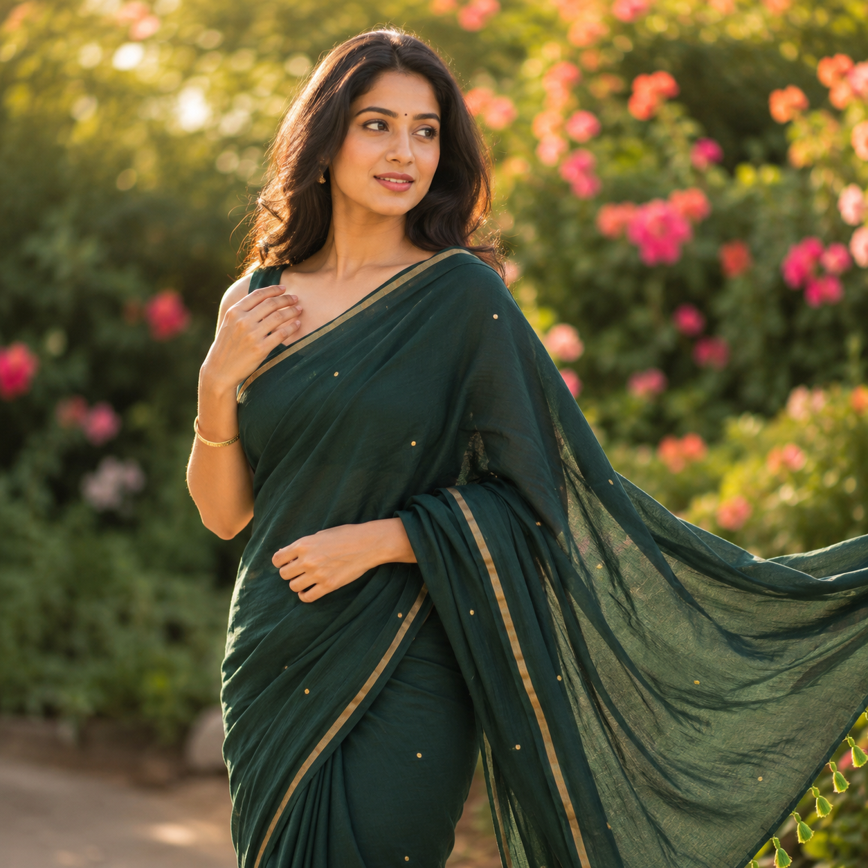Vayu- Bottle Green Mulmul with small Ginni & zari border