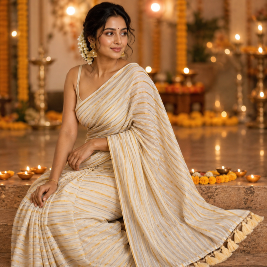 Vayu- Off white gold & silver zari lining