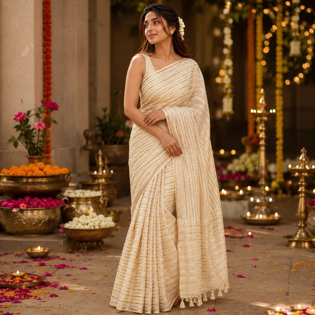 Vayu- Off white gold & silver zari lining