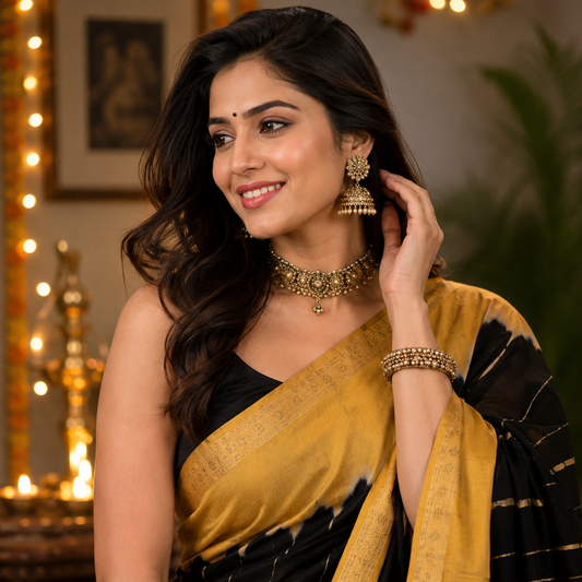 Ehsaas- Maheshwari Silk Black with Mustard lining