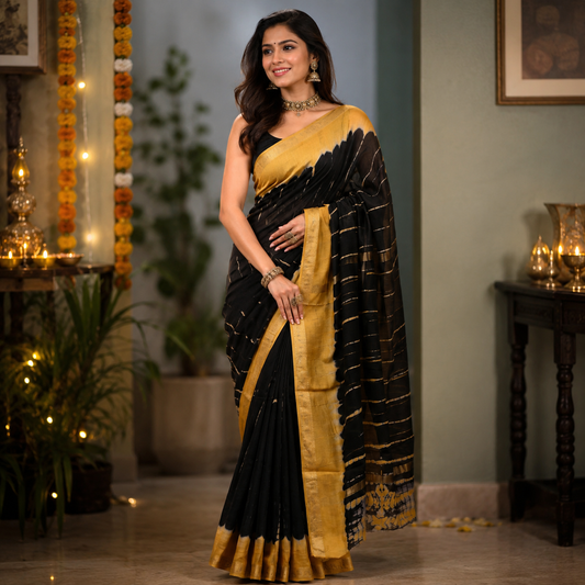 Ehsaas- Maheshwari Silk Black with Mustard lining
