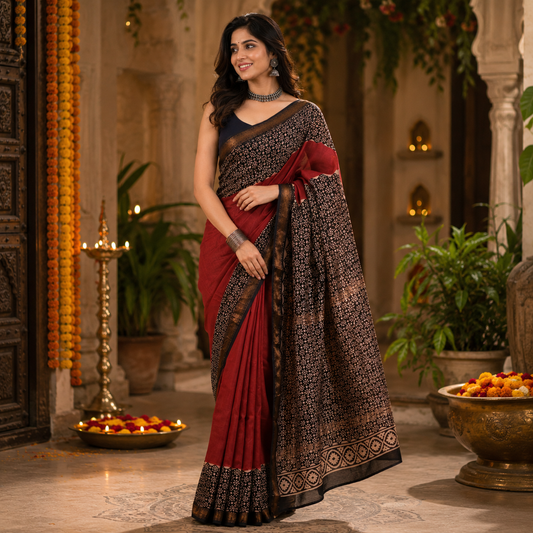Ehsaas- Maheshwari Silk Black & Maroon| kINARA