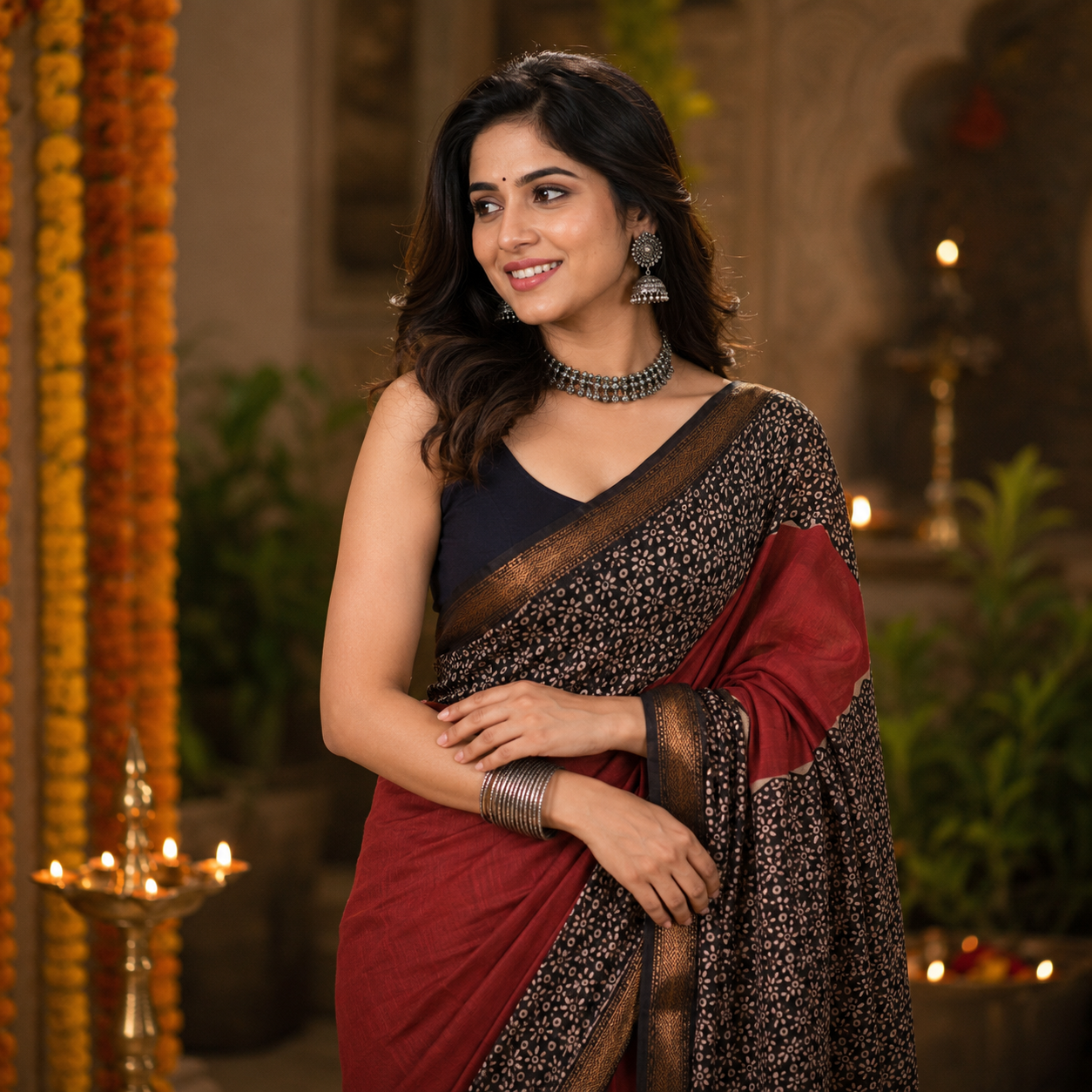 Ehsaas- Maheshwari Silk Black & Maroon| kINARA