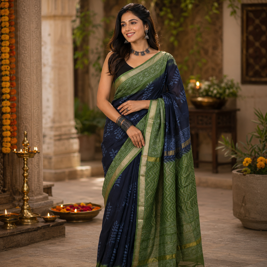 Ehsaas- Maheshwari Silk teal blue & green