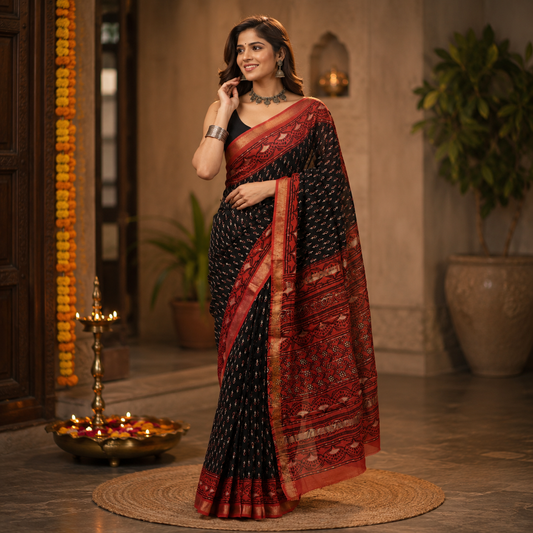 Ehsaas- Maheshwari Silk Black & Brown | Kasak