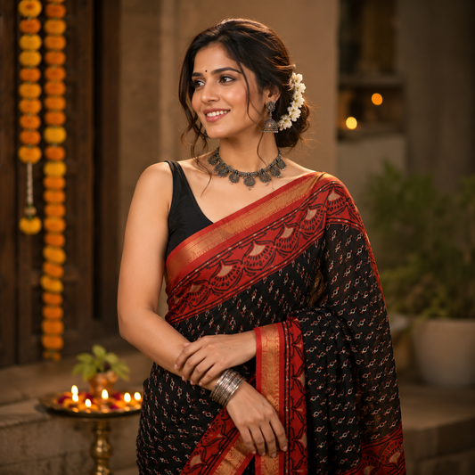 Ehsaas- Maheshwari Silk Black & Brown | Kasak