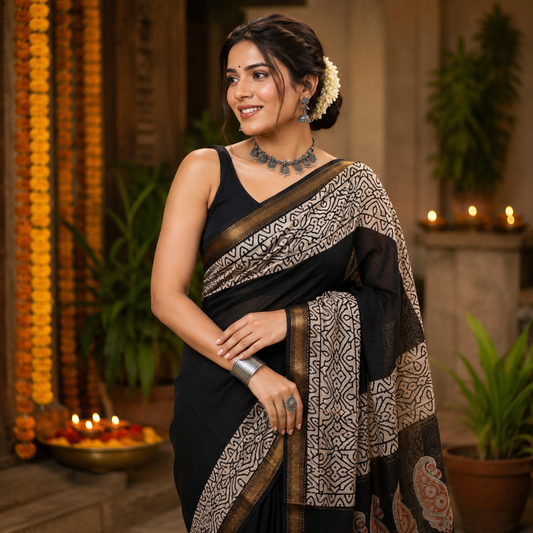 Ehsaas- Maheshwari Silk Black & Off white