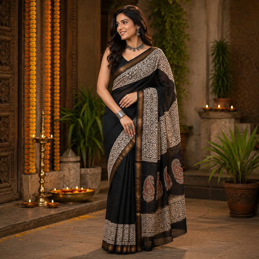 Ehsaas- Maheshwari Silk Black & Off white