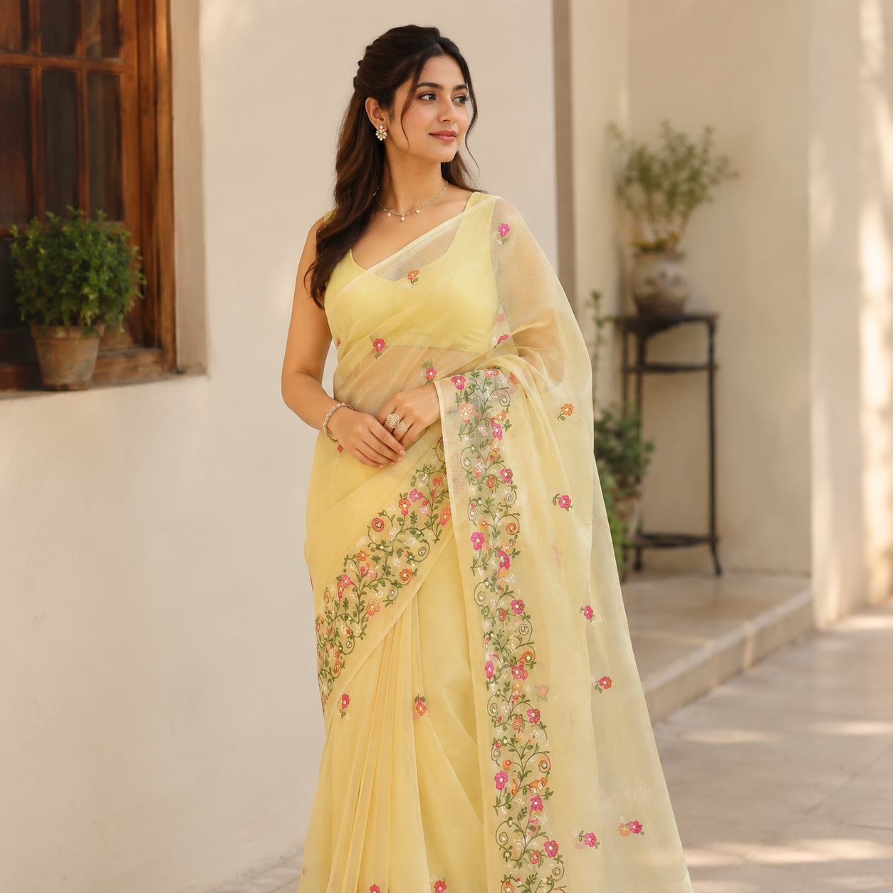 Vayu- Kota Pearl Yellow Floral Saree