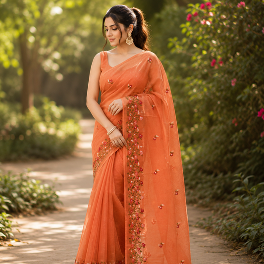 Vayu- Kota Pearl Orange Floral Saree