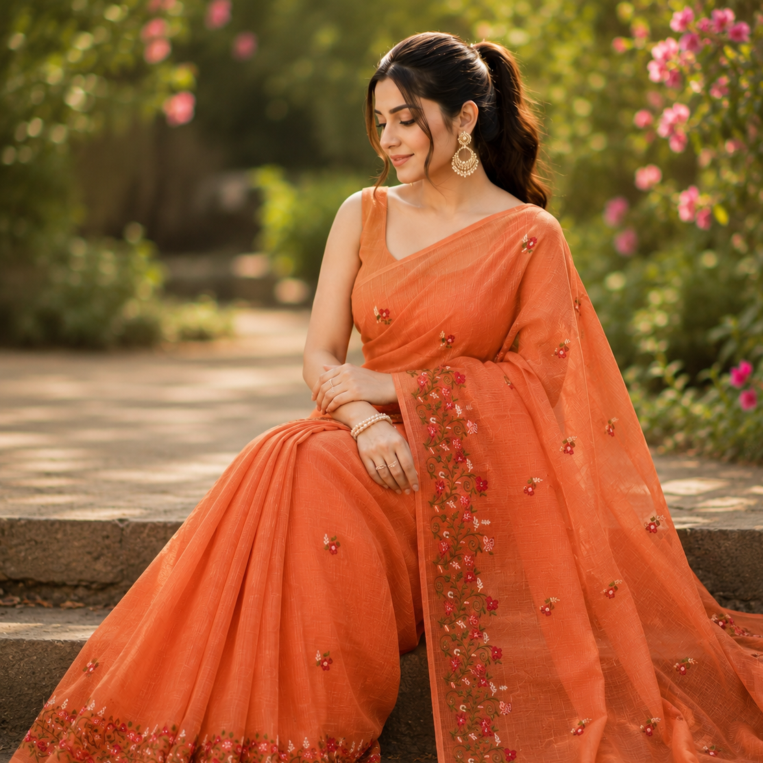 Vayu- Kota Pearl Orange Floral Saree