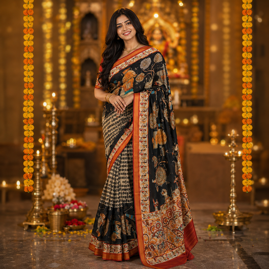 Ehsaas - Darbari Black Scripted Maheshwari Silk