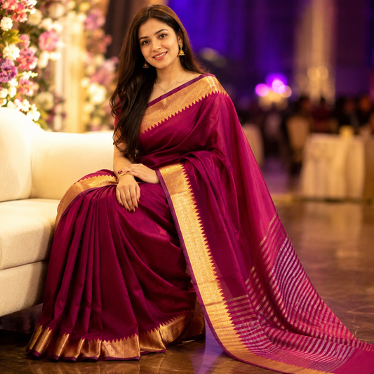 Ehsaas - Pink Maheshwari Silk With Temple Zari Border