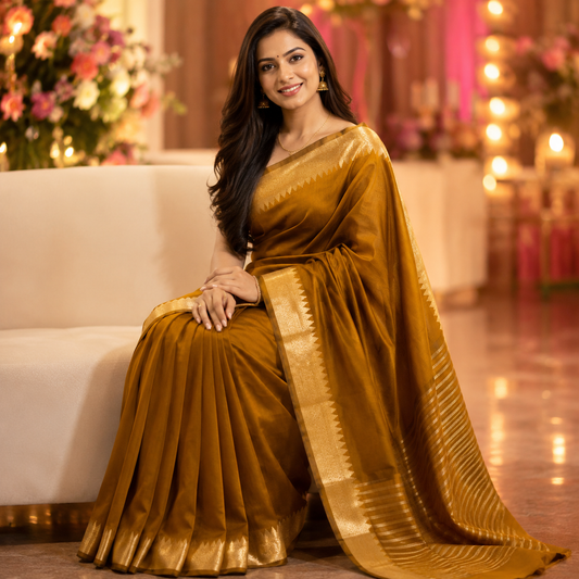 Ehsaas - Mustard Maheshwari Silk With Temple Zari Border