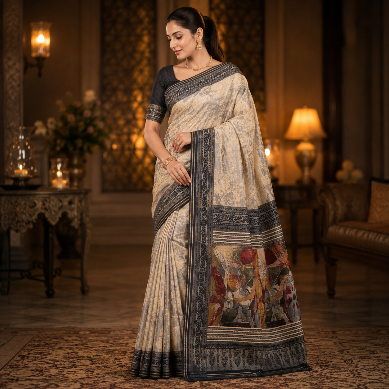 Ehsaas - Black & Grey Abstract Maheshwari Silk